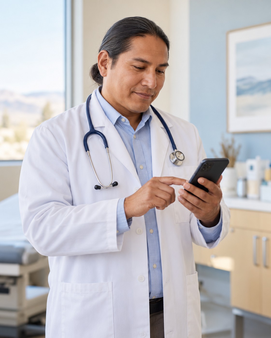 Illustrative Native American healthcare professional using a smartphone